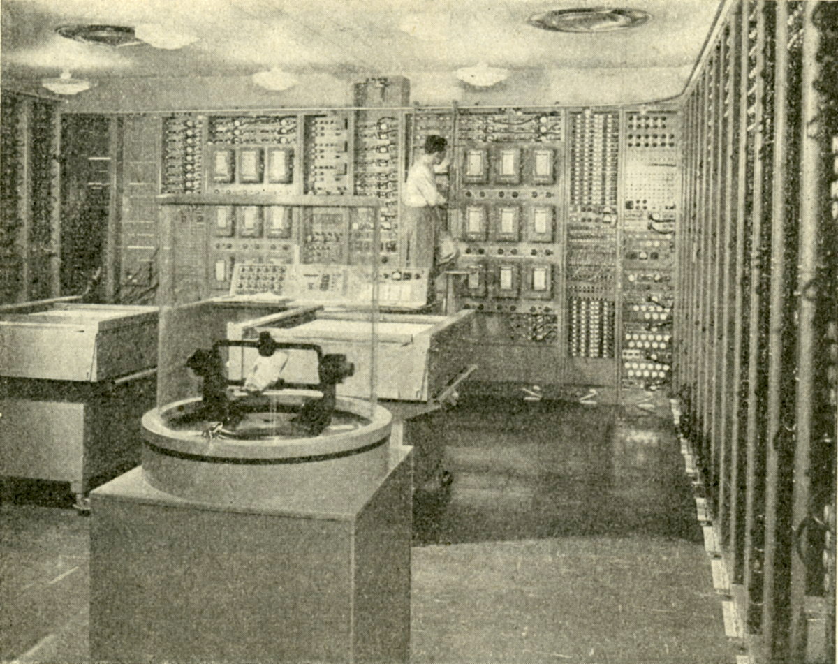 Overview of 'Project Typhoon' analog computer, one of the large US military projects around 1950.