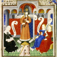 Temperantia with a clock, bridle, spectacles and windmill as attributes (1450), Bodleian Library MS Laud 570, fol 16r.
