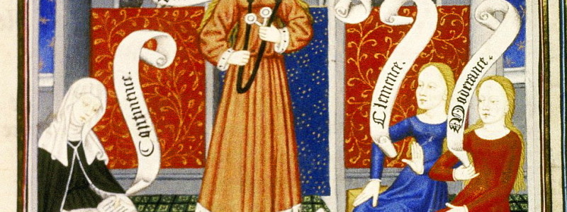 Temperantia with a clock, bridle, spectacles and windmill as attributes (1450), Bodleian Library MS Laud 570, fol 16r.